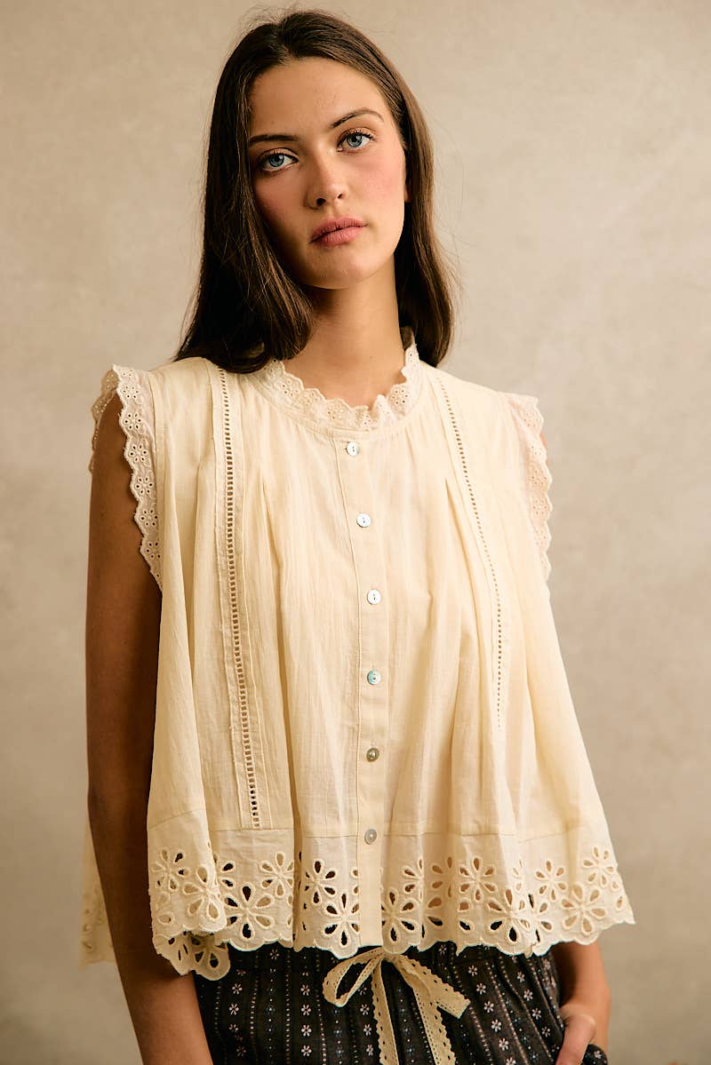 Pleated Eyelet Sleeveless Blouse