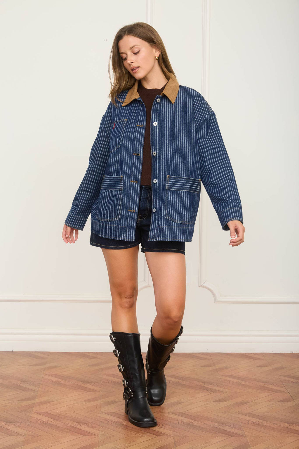 Corduroy Collar Stripe Denim Shacket