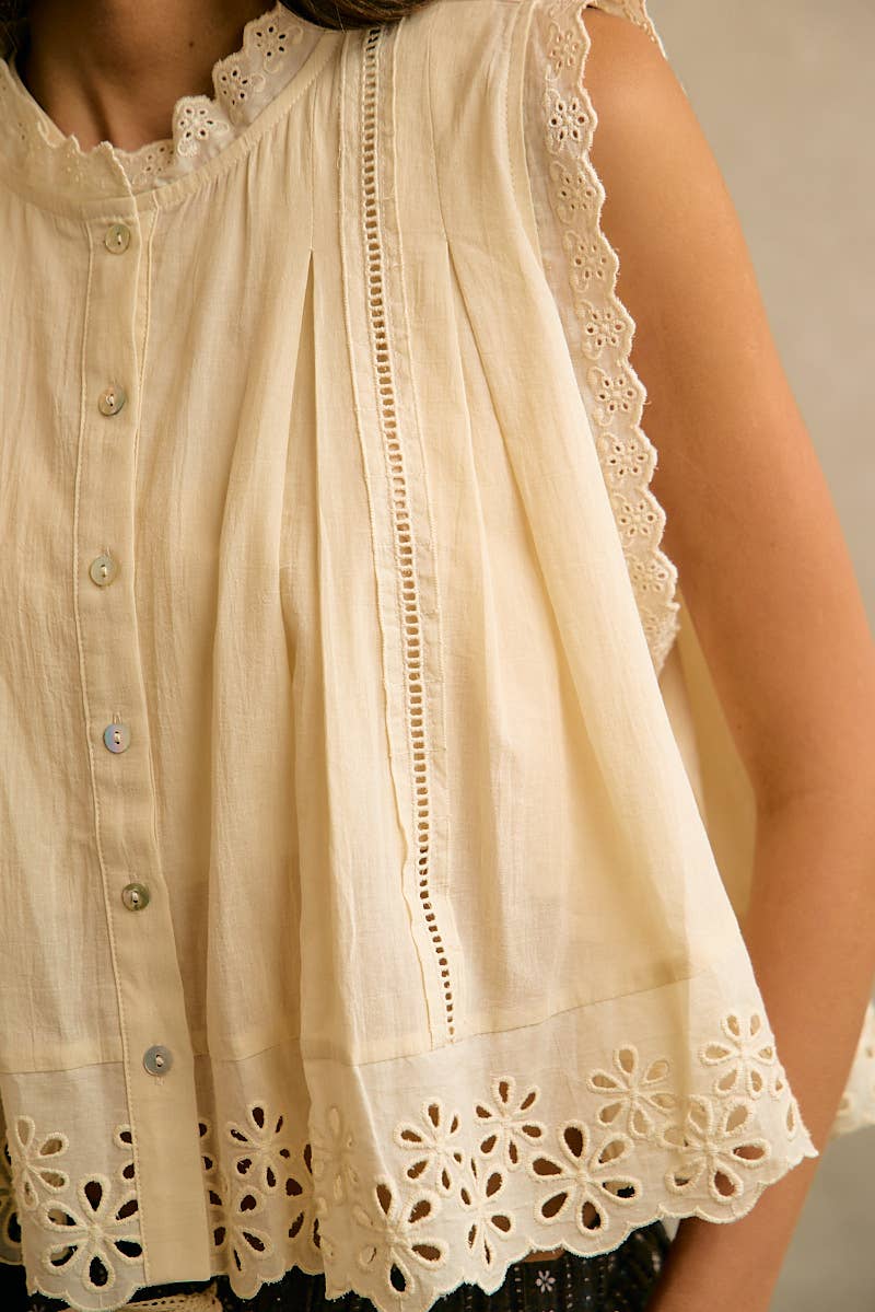 Pleated Eyelet Sleeveless Blouse