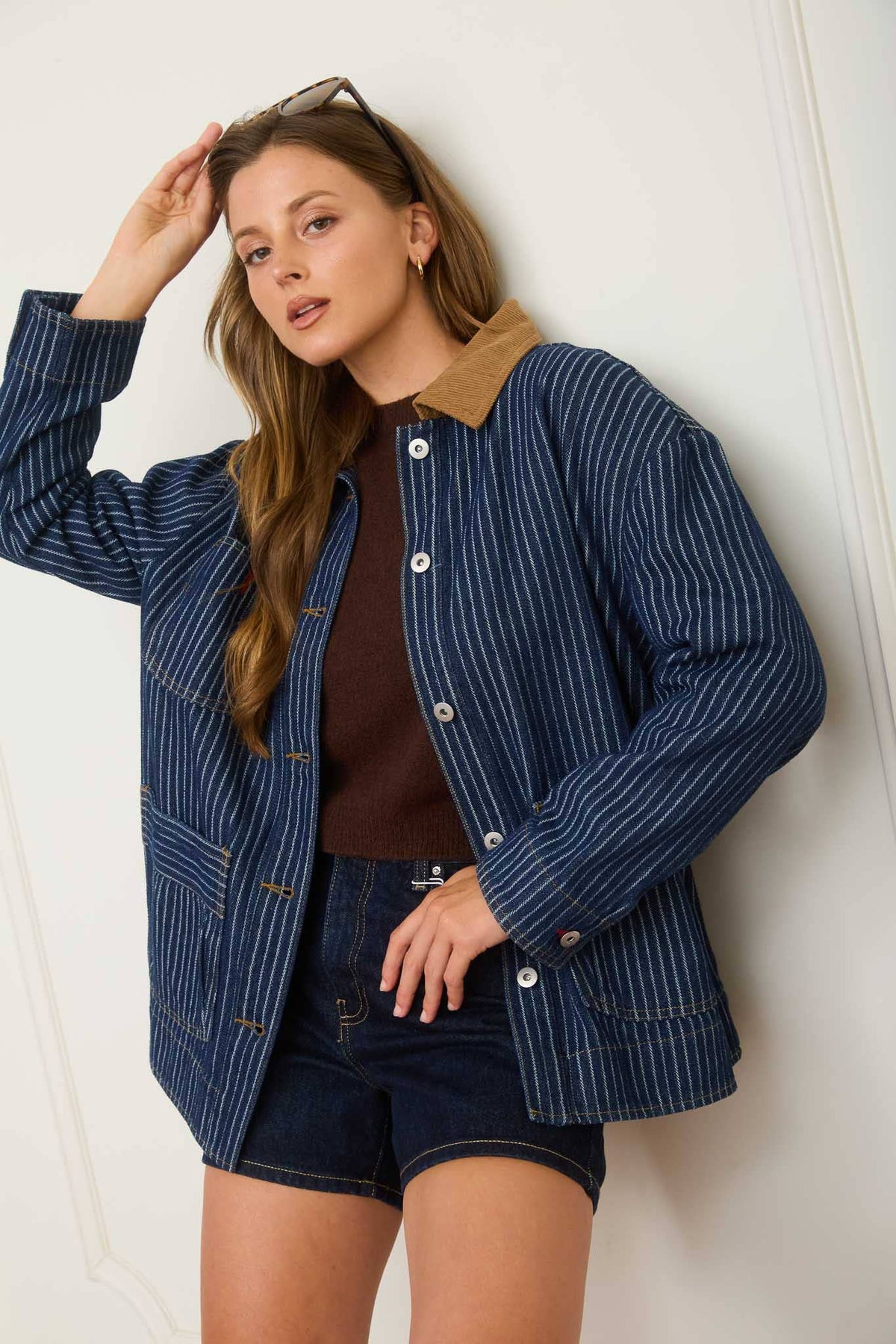 Corduroy Collar Stripe Denim Shacket
