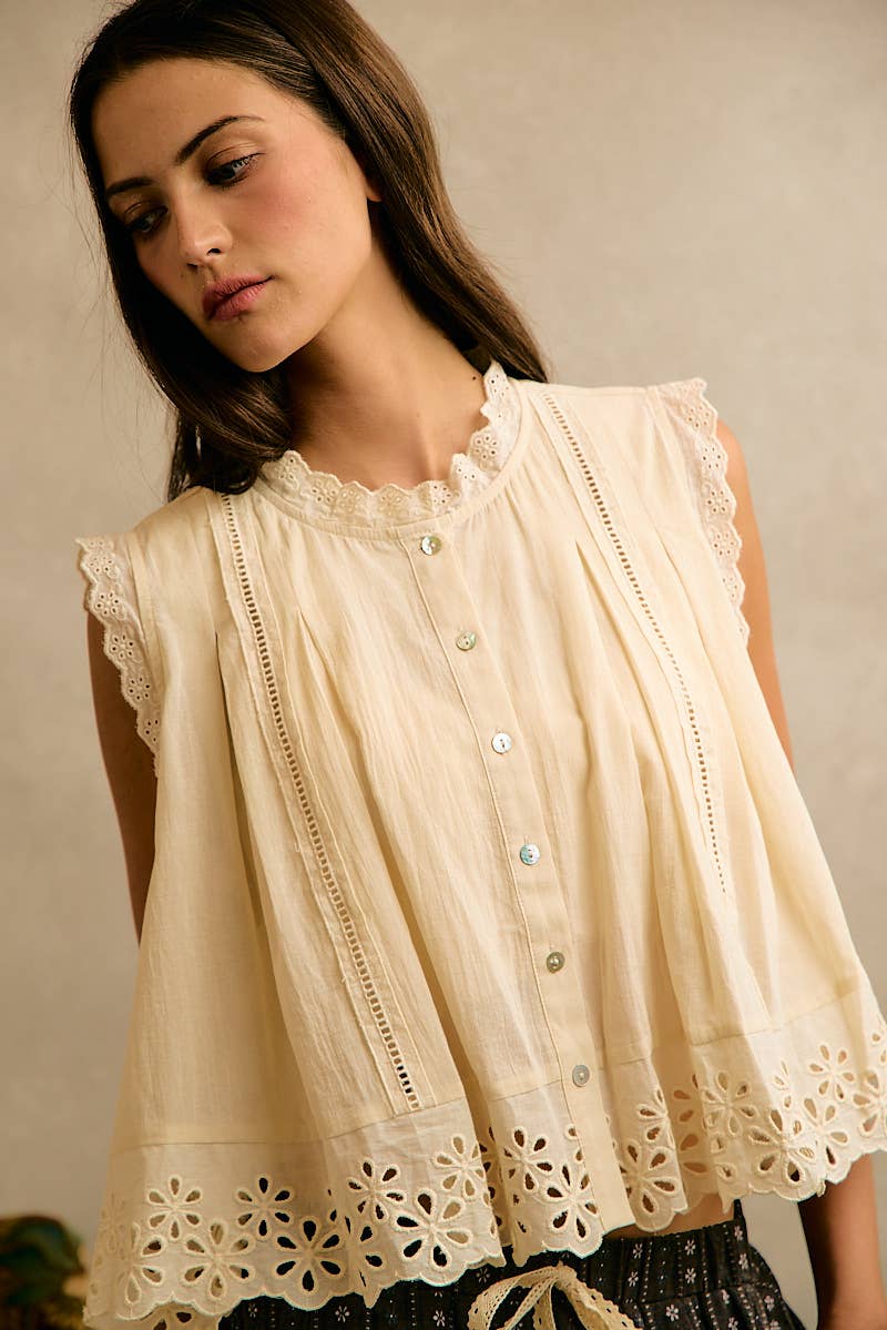 Pleated Eyelet Sleeveless Blouse
