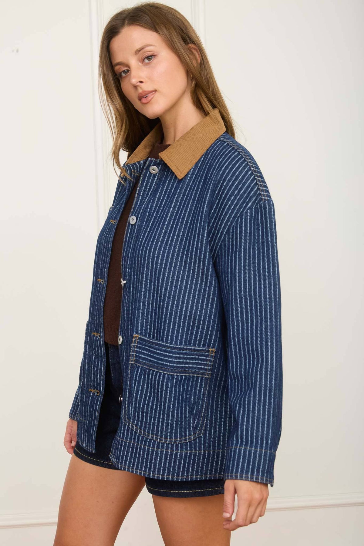 Corduroy Collar Stripe Denim Shacket