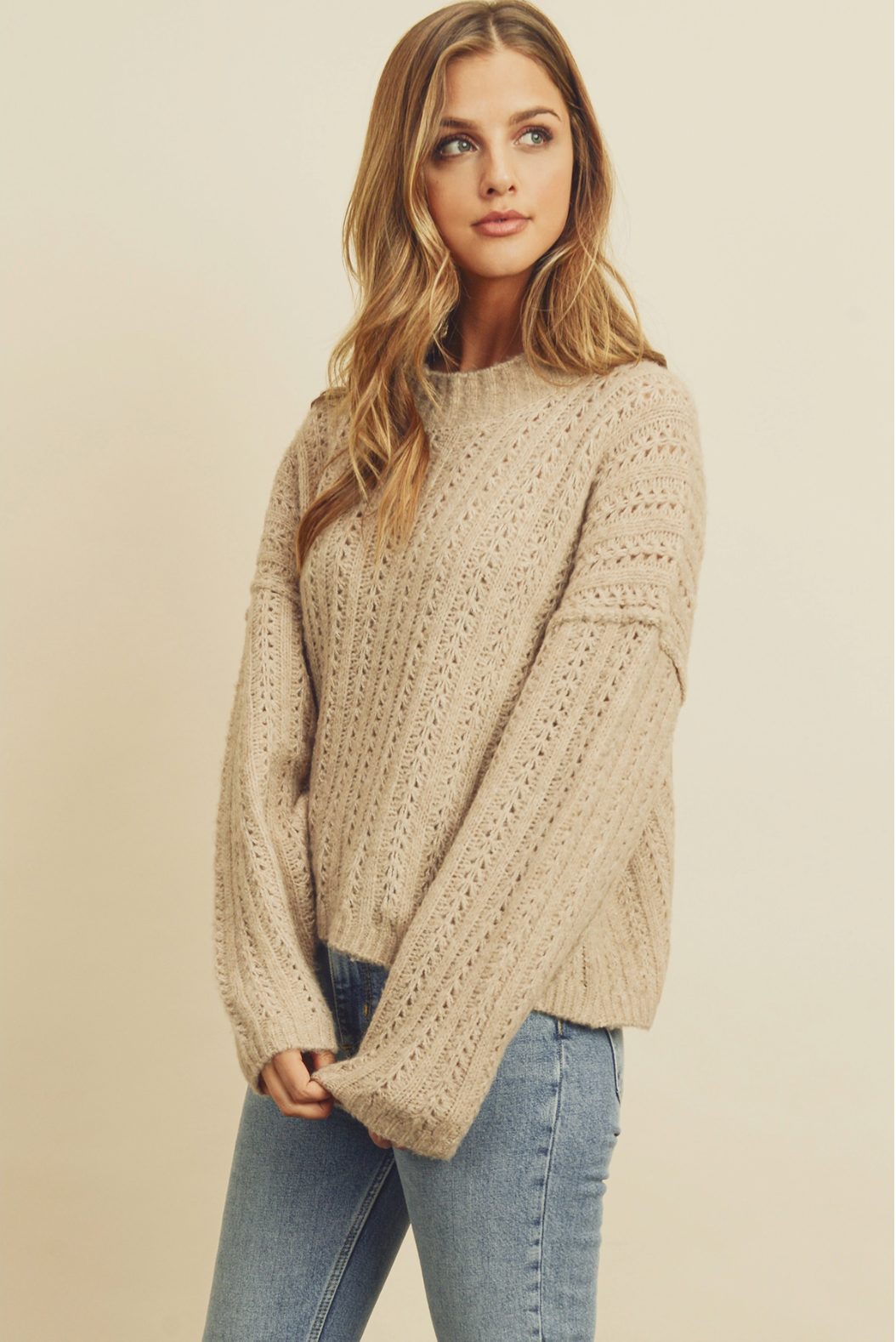 Open Knit Mock Neck Sweater