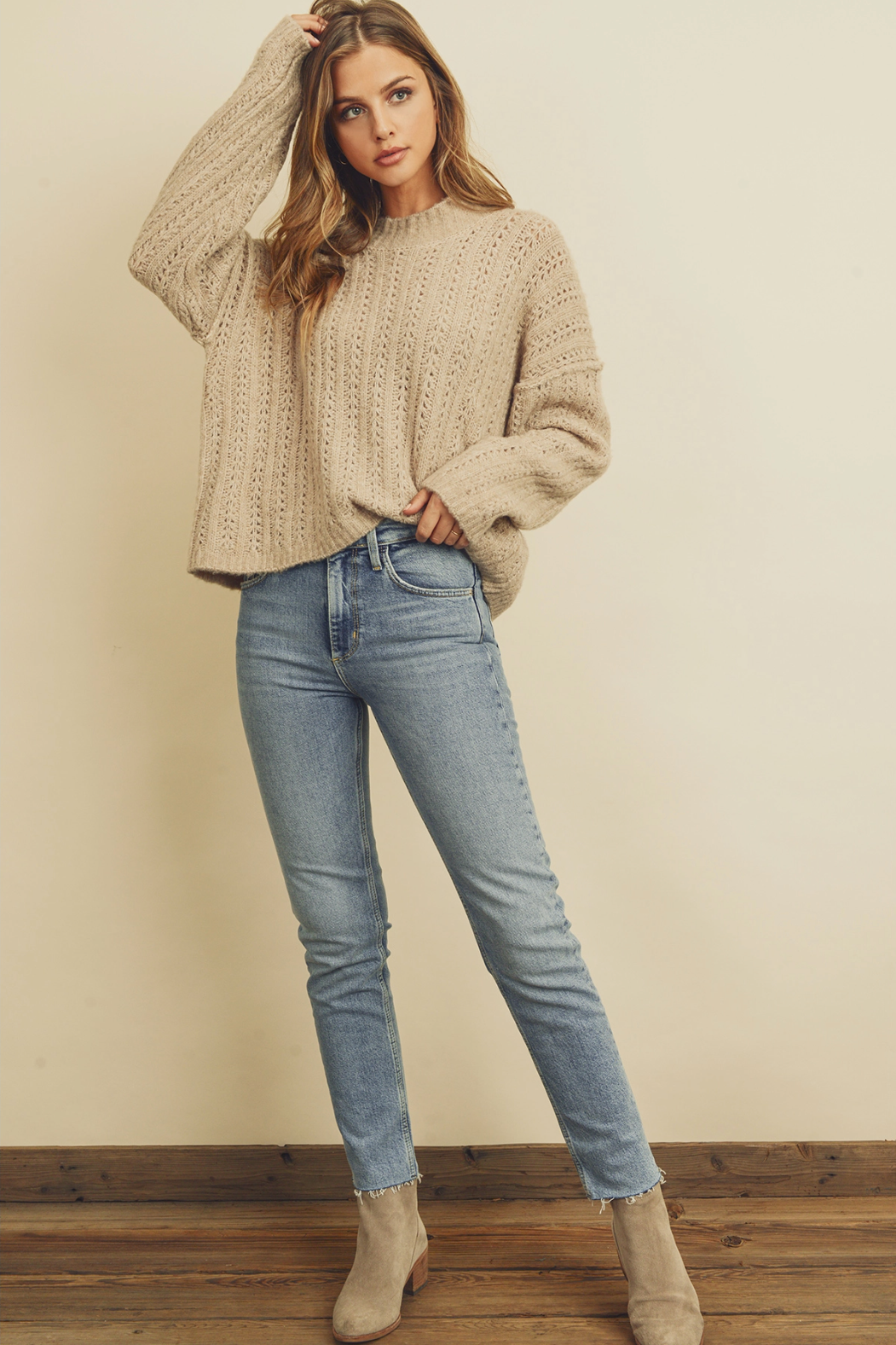 Open Knit Mock Neck Sweater