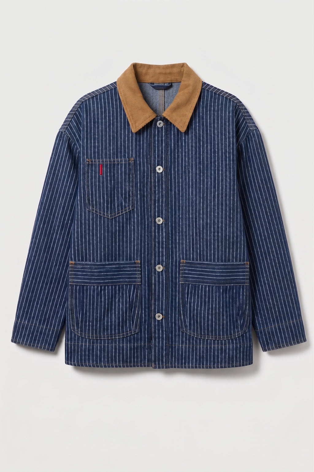 A blue and white vertically striped work jacket with a tan corduroy collar, featuring a chest pocket with a red tab and two large front patch pockets, shown on a light gray background.