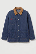 A blue and white vertically striped work jacket with a tan corduroy collar, featuring a chest pocket with a red tab and two large front patch pockets, shown on a light gray background.