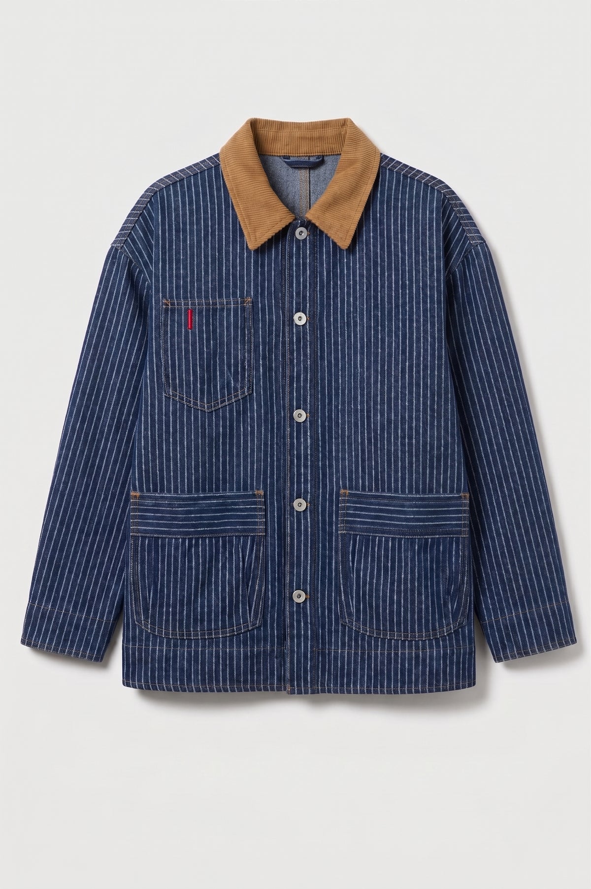 A blue and white vertically striped work jacket with a tan corduroy collar, featuring a chest pocket with a red tab and two large front patch pockets, shown on a light gray background.