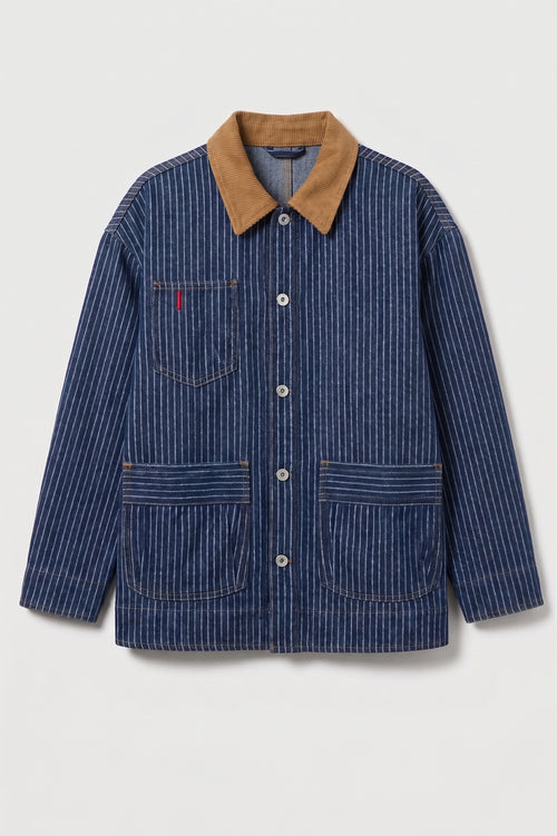 A blue and white vertically striped work jacket with a tan corduroy collar, featuring a chest pocket with a red tab and two large front patch pockets, shown on a light gray background.