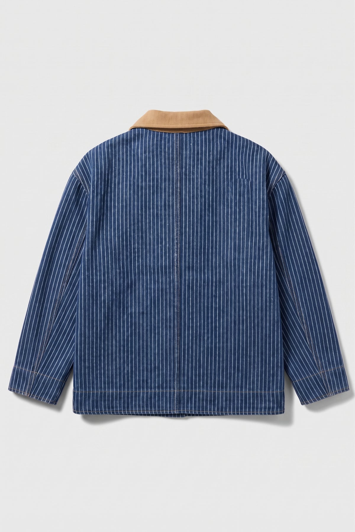 A blue and white vertically striped jacket with a tan collar, shown from the back against a light gray background.