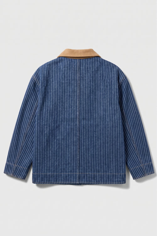 A blue and white vertically striped jacket with a tan collar, shown from the back against a light gray background.