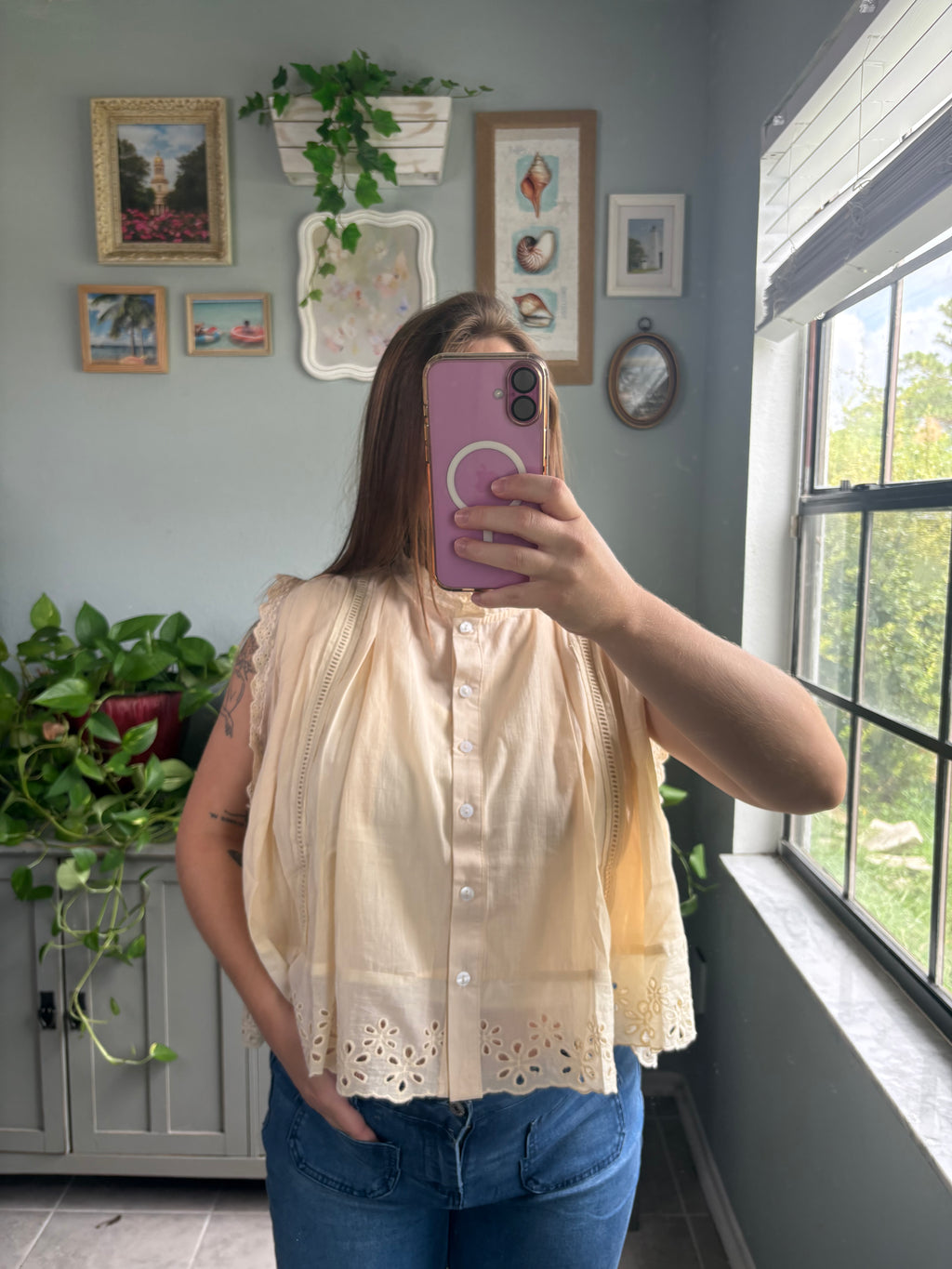 Pleated Eyelet Sleeveless Blouse