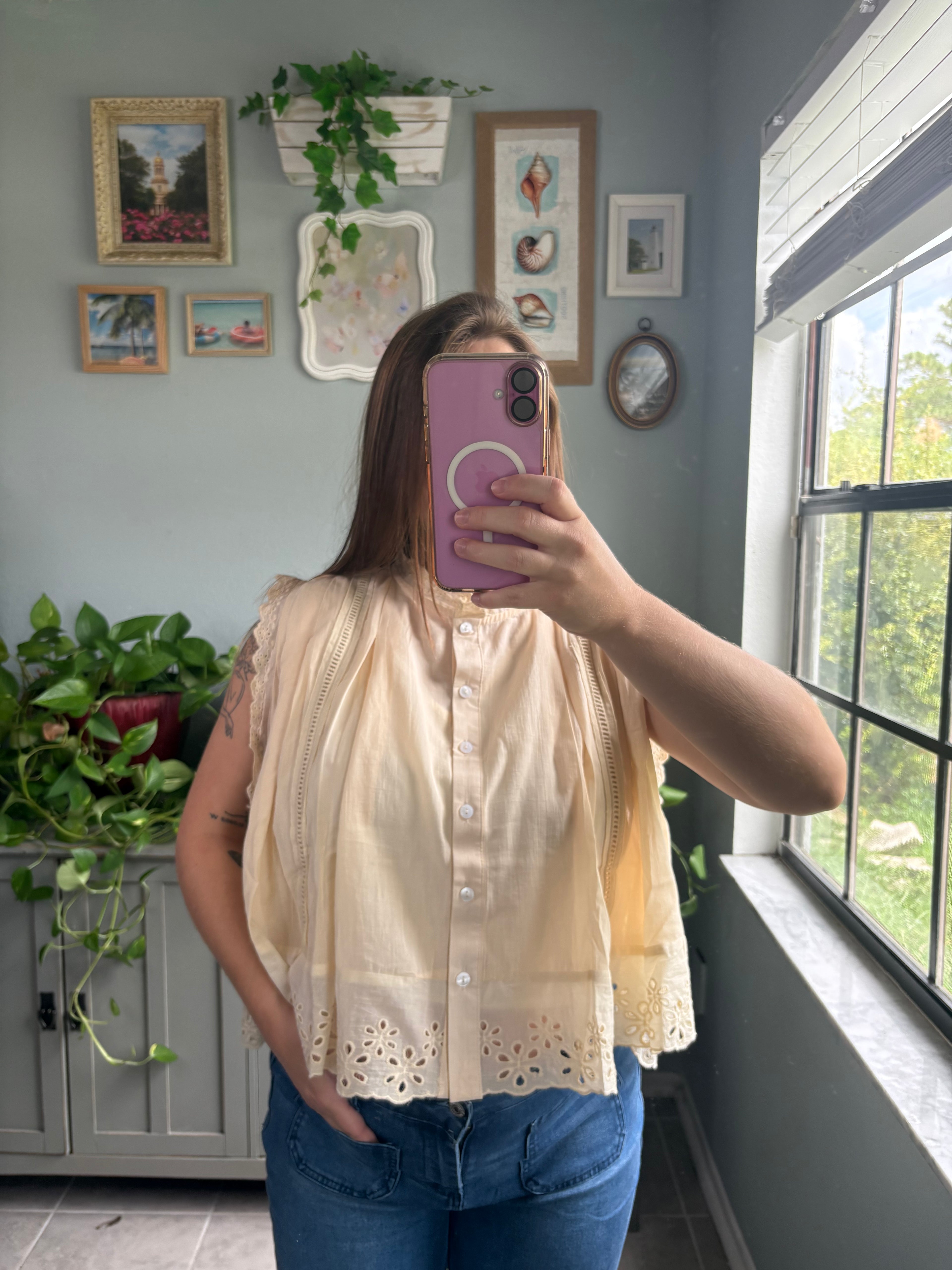 Pleated Eyelet Sleeveless Blouse