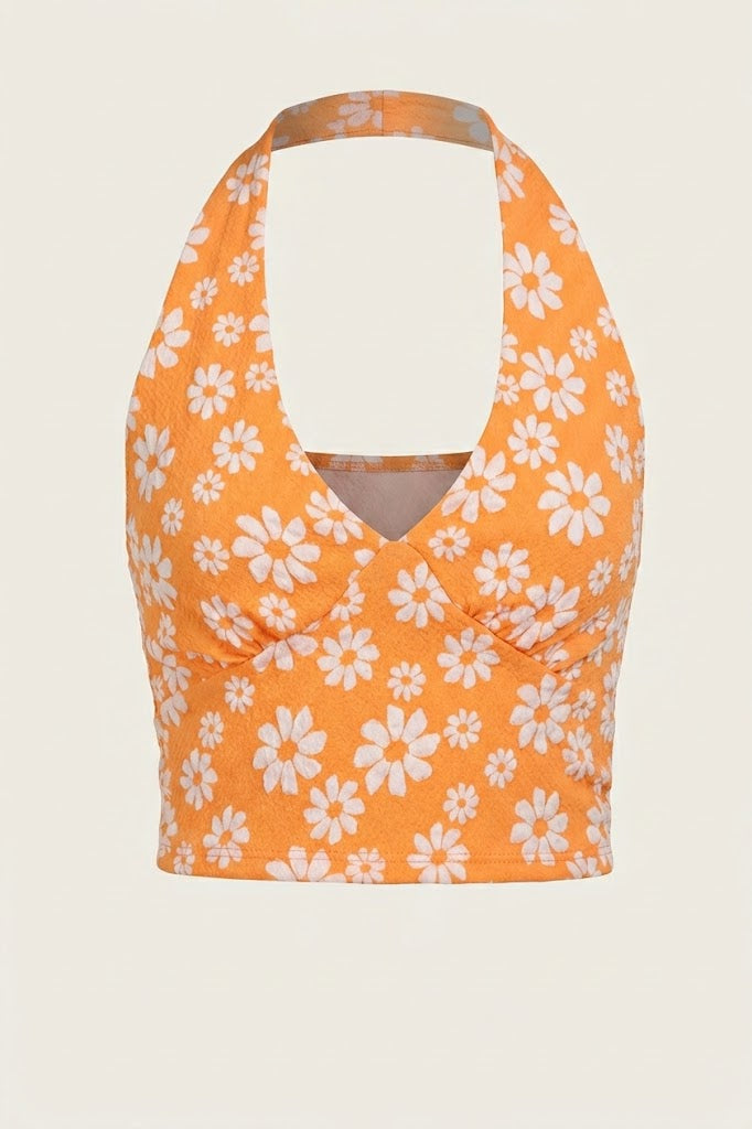 Daisy Print Open Back Halter Crop Top