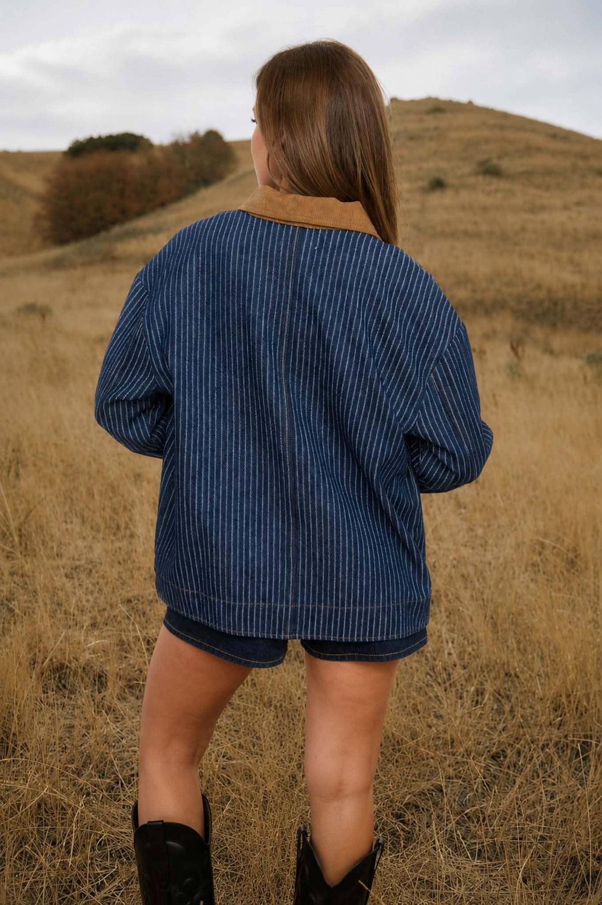Corduroy Collar Stripe Denim Shacket