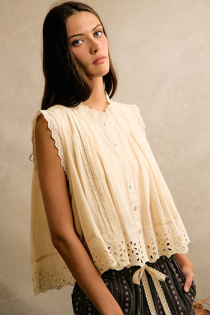 Pleated Eyelet Sleeveless Blouse