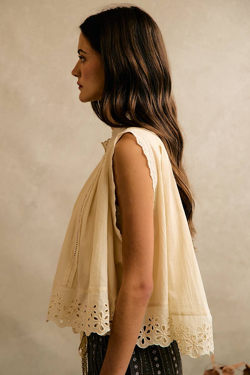 Pleated Eyelet Sleeveless Blouse